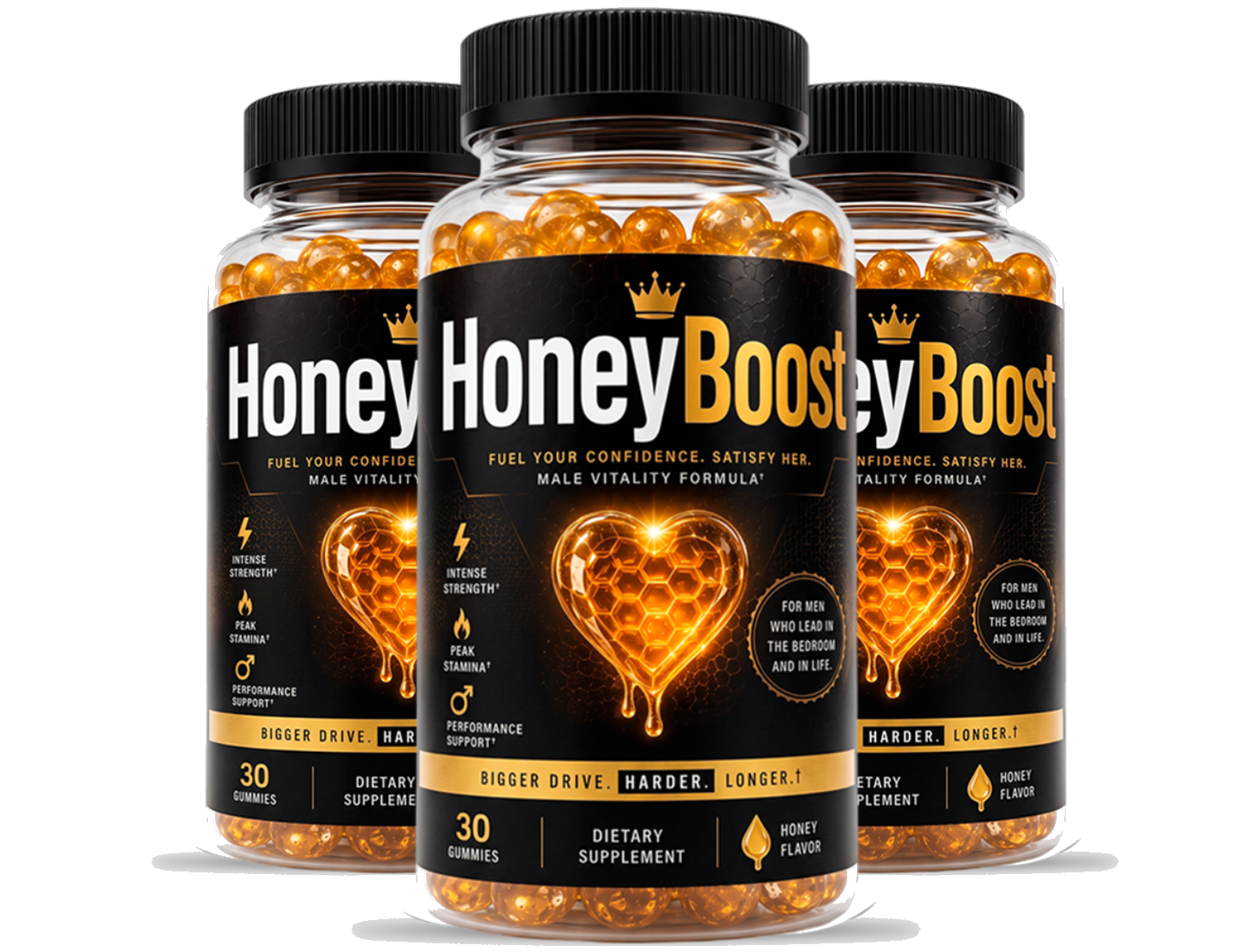 Three bottles of HoneyBoost Male Vitality Formula honey gummies