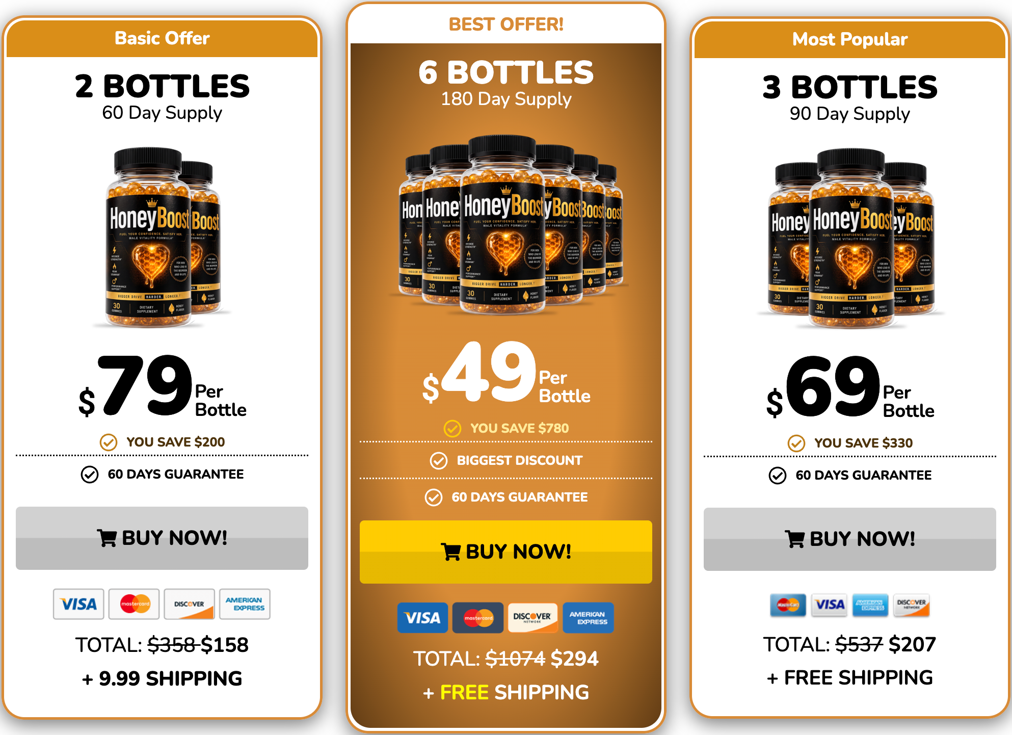 HoneyBoost pricing packages: 2, 3 and 6 bottles