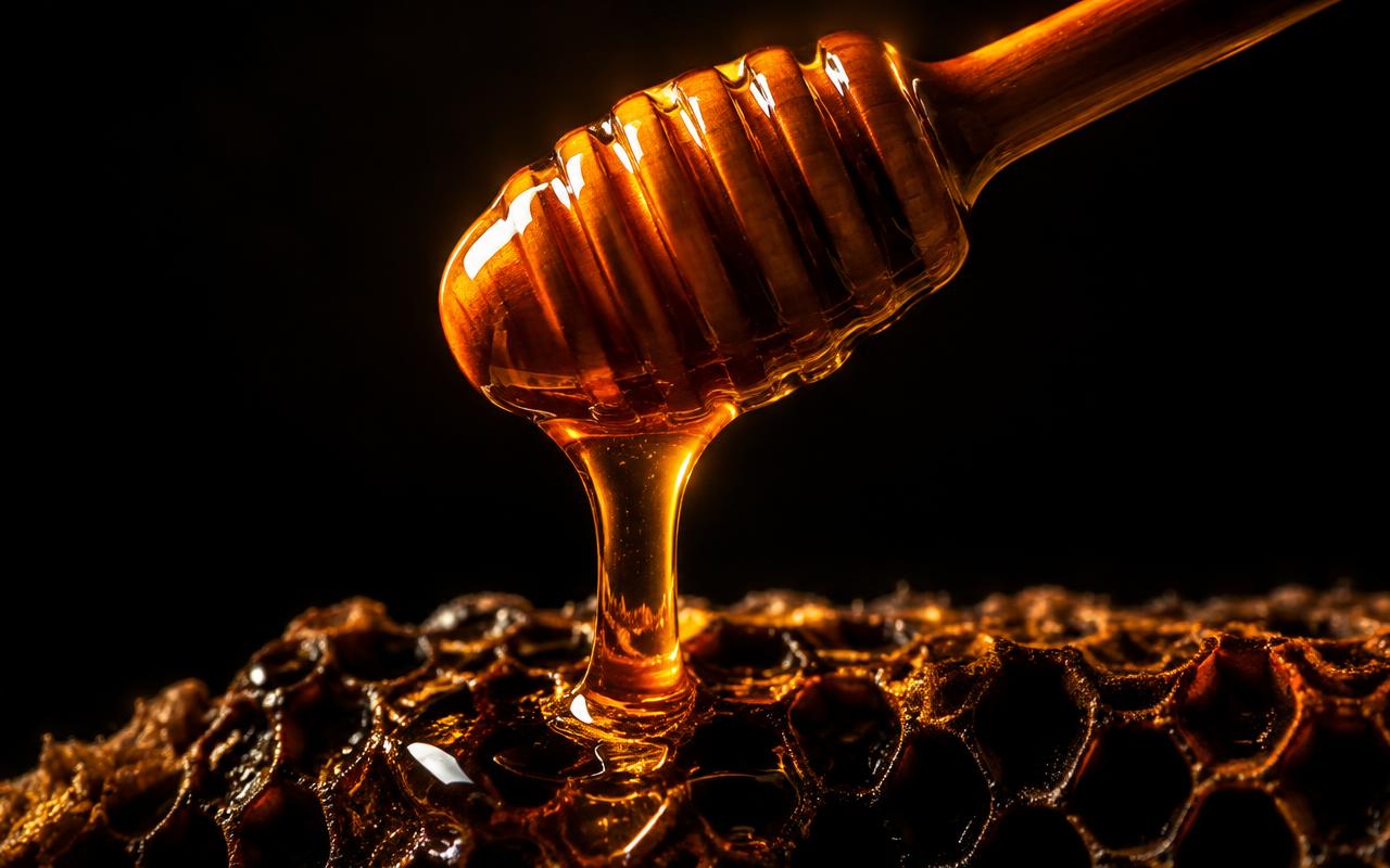 Golden honey dripping onto honeycomb