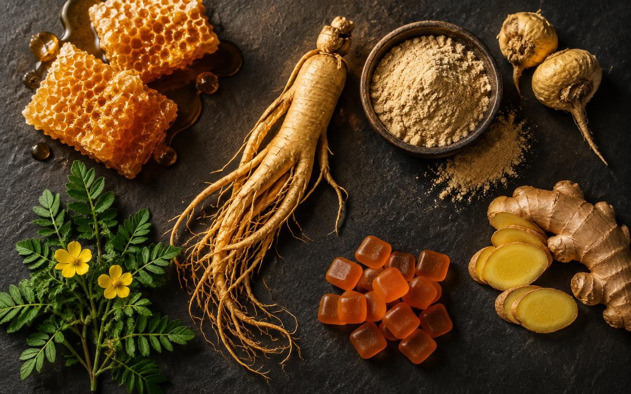 Natural ingredients such as honeycomb, ginseng, maca and ginger
