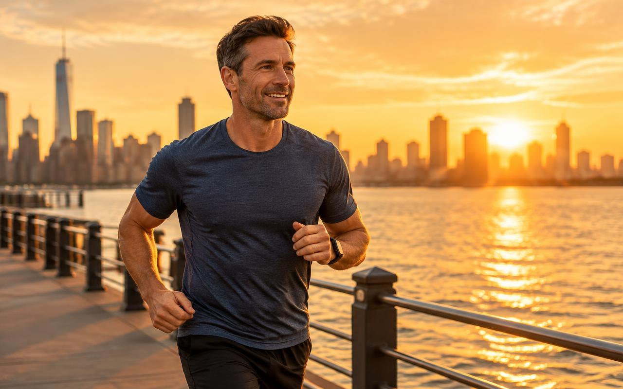 Energetic man in his forties jogging at sunrise